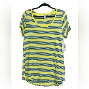LuLaRoe Women’s Large Yellow w/Blue Stripes Classic Tee Blouse Coastal Comfy